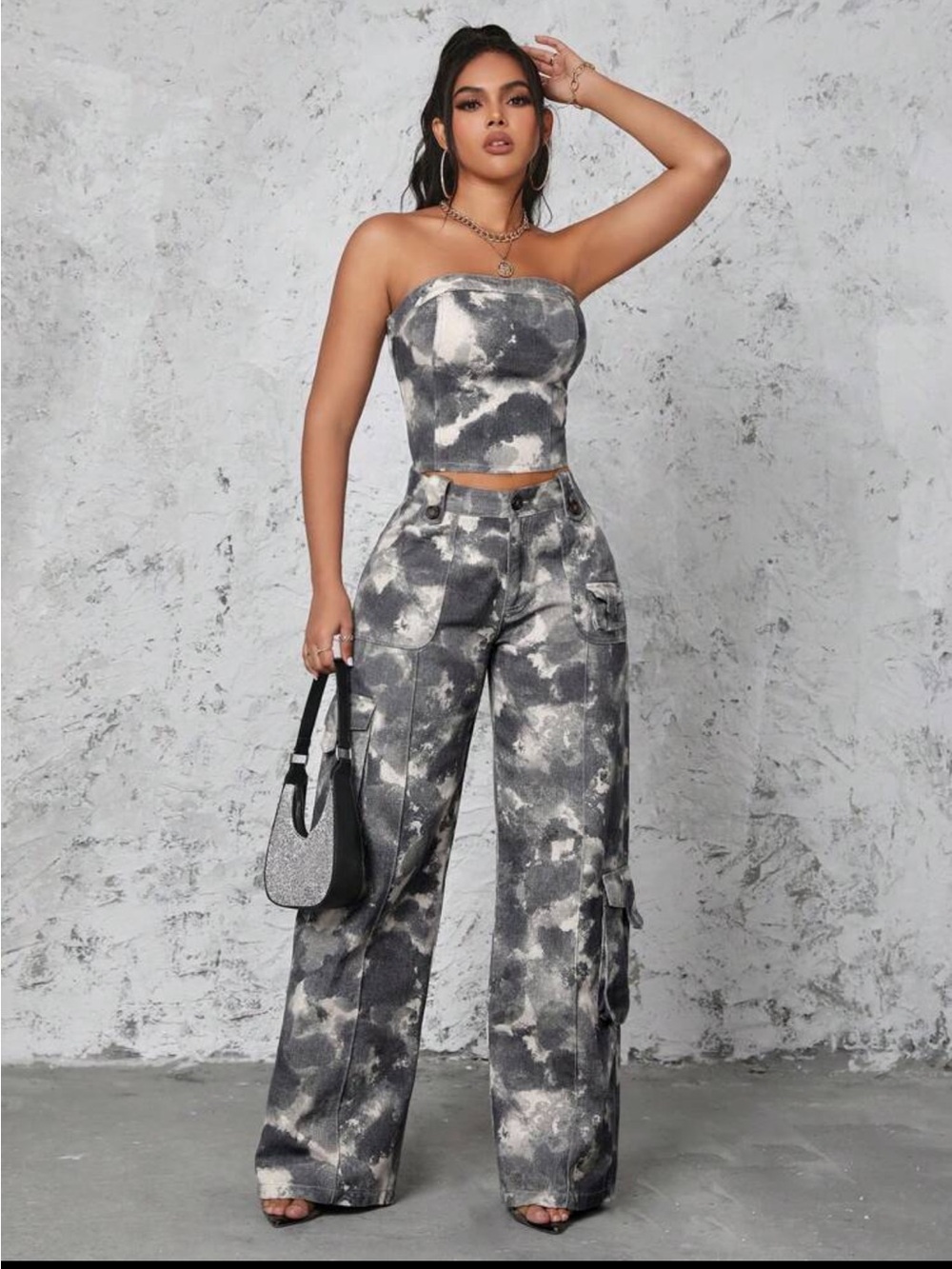 Strapless Tie-Dye Cargo Wide-Leg Pants Set- Washed Gray